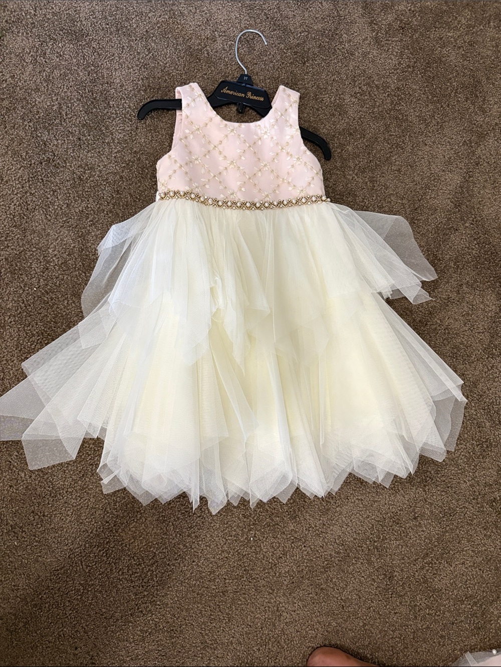 American Princess Pink Bodice Cream Tulle Party Dress with Beaded Waist